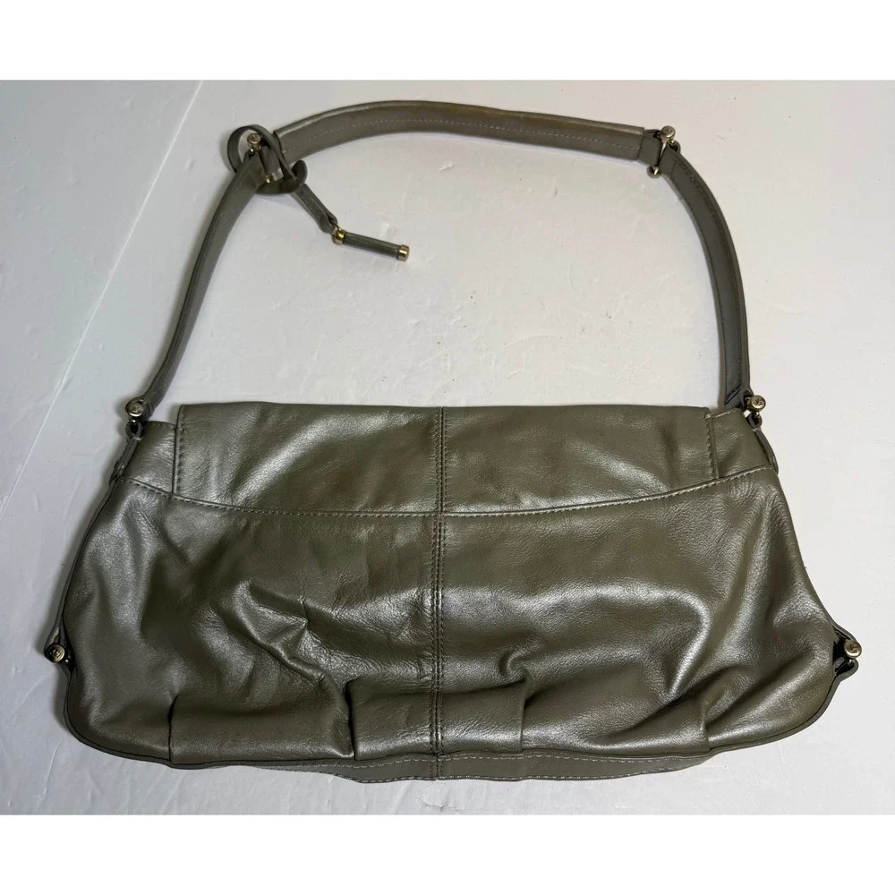Liz Claiborne Metallic Olive Green Genuine‎ Leather Shoulder Bag Flap Handbag